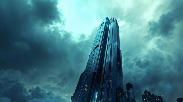A futuristic skyscraper piercing through ominous clouds in a captivating urban landscape.