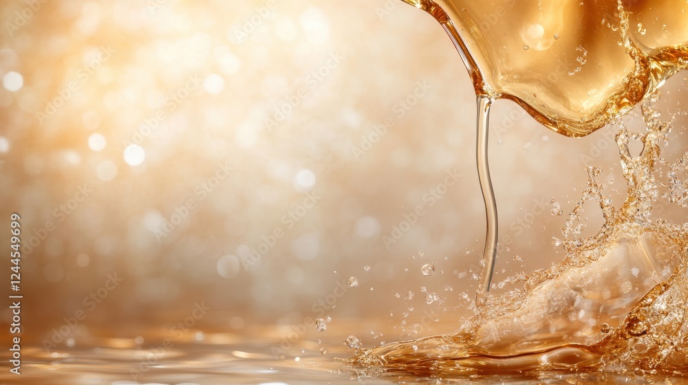 Poster this image captures a vivid golden liquid pouring and splashing, illuminated by soft light, creating