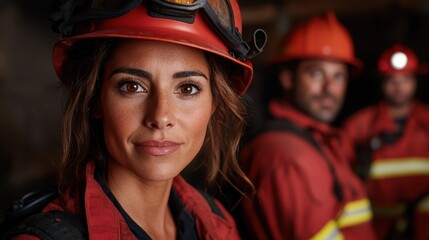 An impactful portrait of a firefighter in her gear, exuding confidence and strength against the backdrop of a burning structure, depicting heroism and dedication in emergencies.