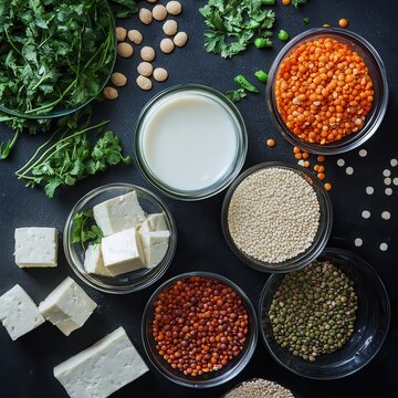 Exploring vibrant vegan ingredients for a healthy meal prep on a black table with lentils, tofu, and assorted seeds. Generative AI