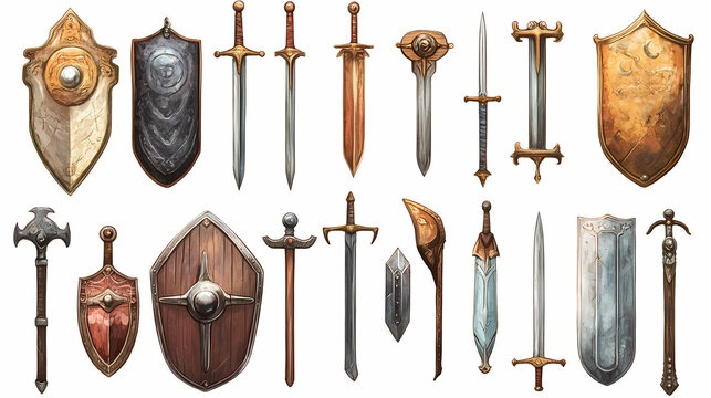 Collection of fantasy weapons and shields displayed on a white background for design inspiration. Fantasy Armory & Weapons. Illustration