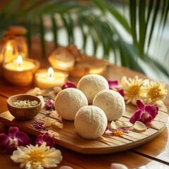 Relaxing spa setup with herbal compress balls on a wooden tray adorned with fragrant flowers and glowing candles. Generative AI