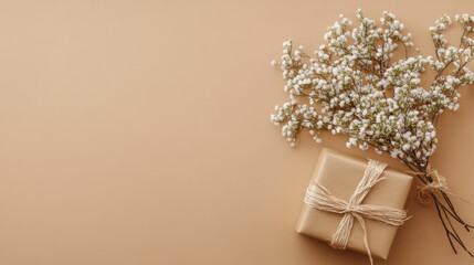 Elegant kraft paper gift box with natural twine and delicate white gypsophila flowers for rustic and sustainable gift wrapping concepts