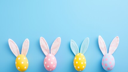 Obraz premium Easter party concept showcases colorful bunny ears and eggs on pastel blue background for Spring and Mother's Day celebrations