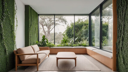 Fototapeta premium Modern living room design featuring greenery and large windows in a serene natural setting