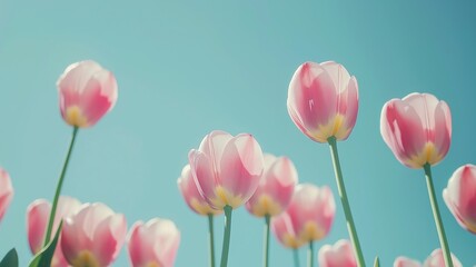 Lovely pink tulips bloom against a pastel blue background, perfect for celebrating Easter, Spring, and Mother's Day