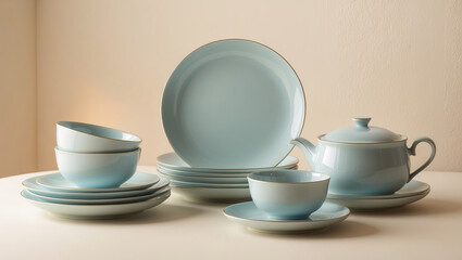 Fototapeta premium Elegant pastel blue tableware arranged on a light surface for a stylish dining occasion
