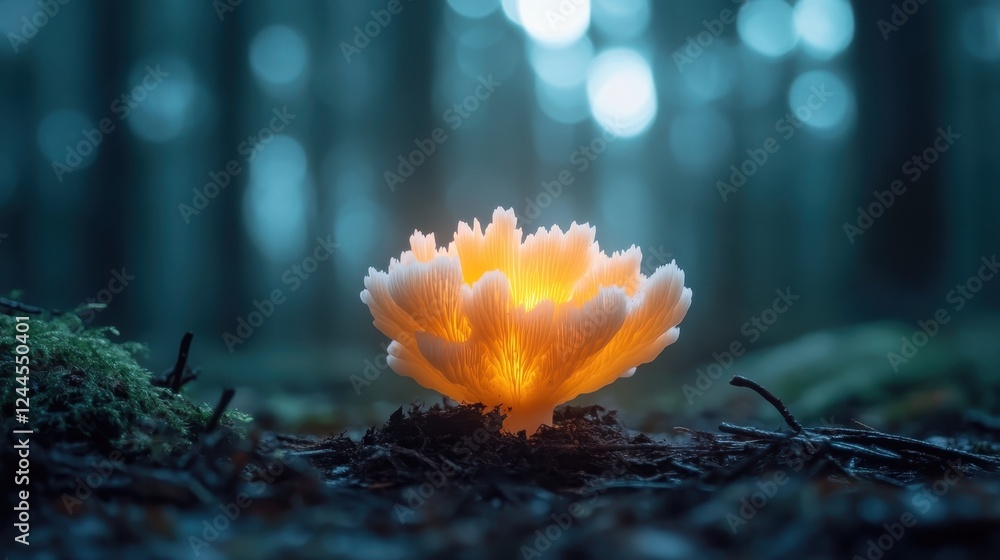 Poster a mesmerizing glowing mushroom stands out in a dark forest, surrounded by enchanting bokeh lighting 