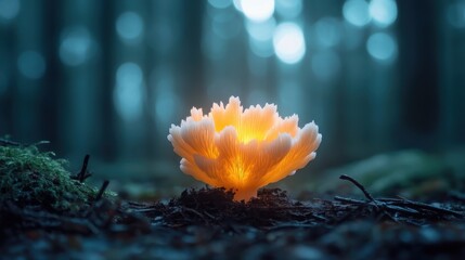 Fototapeta premium A mesmerizing glowing mushroom stands out in a dark forest, surrounded by enchanting bokeh lighting that highlights its delicate features and unique luminescence.