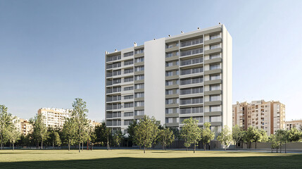 A modern mid-rise residential apartment building with clean white facades surrounded by green trees under a clear blue sky in an urban setting
