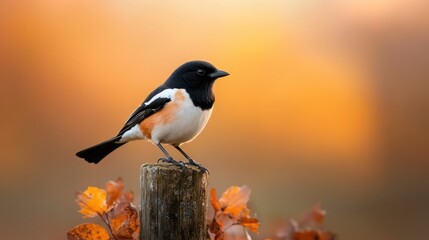 A charming bird poses on a rustic wooden post, surrounded by a warm, glowing sunset that gives the scene a tranquil atmosphere, capturing the essence of nature&rsquo;s beauty.