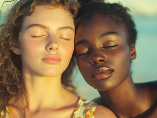 Obraz premium The image is a striking representation of unity and acceptance in the face of diversity. The warm sunset bathes the scene in a soft glow, highlighting the tranquility and beauty of the moment between