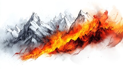 Fiery contrast: A breathtaking illustration of snow-capped mountains meeting a fiery volcanic landscape. Intense colors and dramatic composition.
