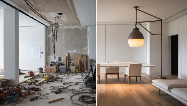 Home renovation transformation showing chaotic construction to modern living space with stylish lighting
