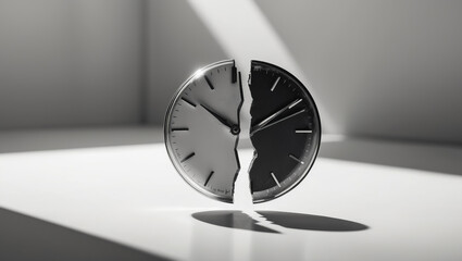 Unique clock design split in half showcasing contrasting colors and light play in an artistic setting