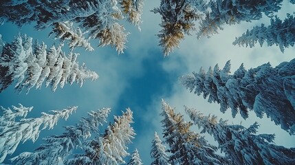 Snow-covered pines, winter sky, forest, upward view, nature background