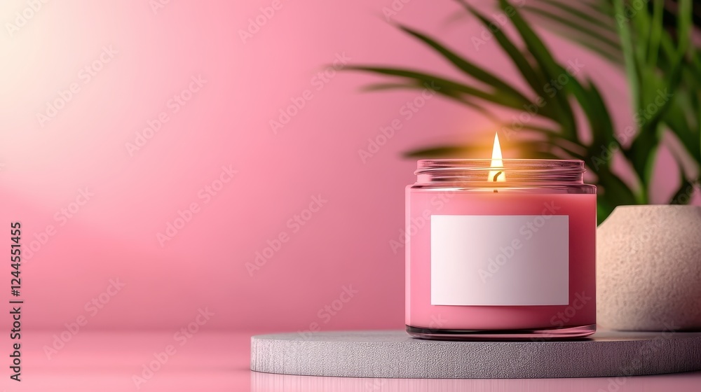 Poster an artful display of a pink candle elegantly perched on a textured surface, complemented by greenery