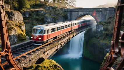Fototapeta premium Vibrant train crossing ancient stone bridge with waterfall in serene landscape during golden hour