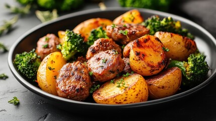 A colorful arrangement of grilled sausages mixed with roasted potatoes and broccoli on a sleek black plate, highlighting a perfect combination of health and flavor.