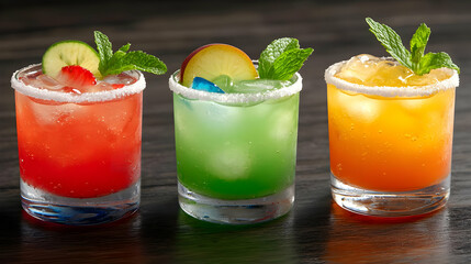 Fototapeta premium Colorful cocktails with fruit garnishes on dark wood