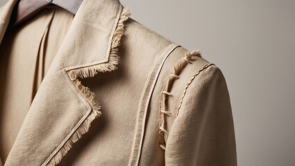 Elegant beige blazer showcasing detailed fraying and stitching on display in a minimalist setting