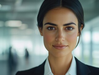 Fototapeta premium A high-resolution image of a woman in business attire with a poised and approachable expression, set against an office backdrop.