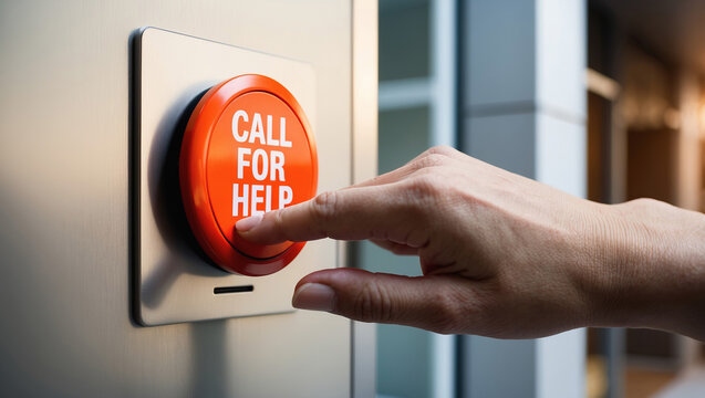 Bright red call button pressed for assistance in urban environment during daytime