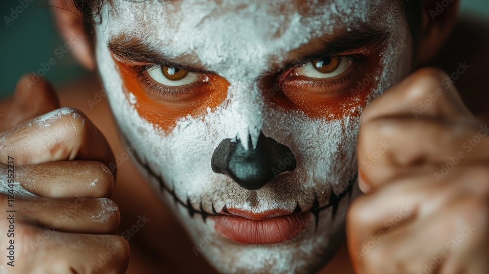 Poster an intense close-up of a man's face adorned with skull-inspired paint, capturing raw emotion and a f