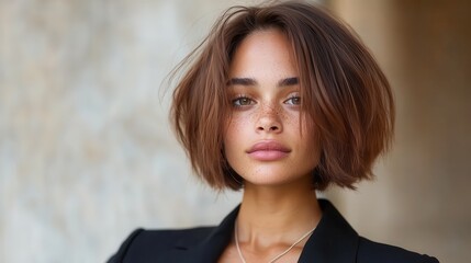 Fototapeta premium A stunning portrait of a young woman with a sleek hairstyle and natural makeup, exuding confidence and style against a neutral background that enhances her beauty.