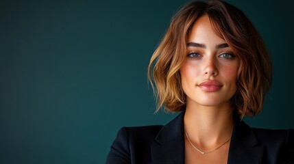 A captivating portrait of a young woman with natural beauty and an elegant expression, set against a dark background that enhances her features and evokes sophistication.