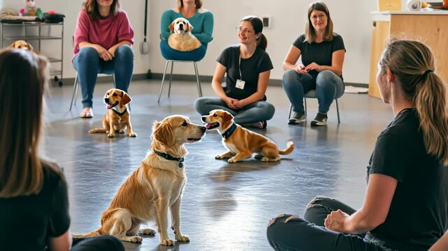 Group dog training class demonstrating canine patience and obedience in interactive session