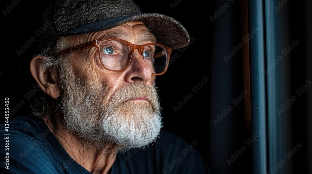 Poster an elderly man with glasses gazes thoughtfully out the window, illuminated by soft light, portraying