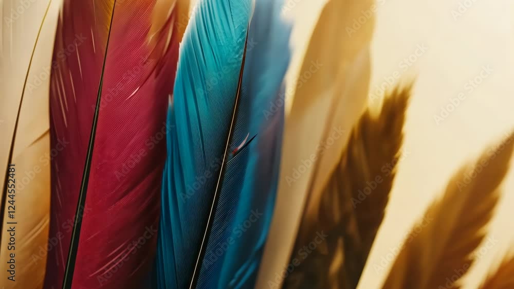 Poster colorful feathers arranged in a display showcasing a variety of textures and shades in a bright sett