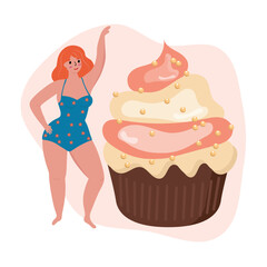 Beautiful woman bikini posing near big cake. Body positive and love your body