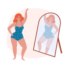 Beautiful woman bikini posing in front of the mirror. Body positive and love your body