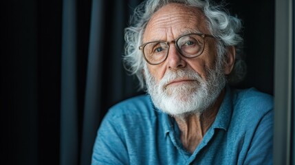 Obraz premium An elderly man with distinctive curly hair and glasses gazes quizzically, creating an engaging portrait that reflects a mixture of wisdom and curiosity against a dark background.