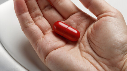 Bright red capsule held in a hand, representing health and wellness while promoting responsible medication use