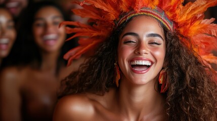 Fototapeta premium A smiling woman in a strikingly colorful feather headdress embodies joy and energy, standing out in a festive environment filled with laughter and happiness.