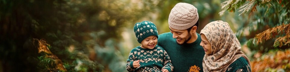 Muslim family enjoying an autumn day in the woods. Warm colors and tender moments.
