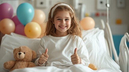Fototapeta premium A happy young girl poses with her teddy bear, giving two thumbs up in a colorful hospital room filled with balloons, showcasing resilience and joy in tough times.