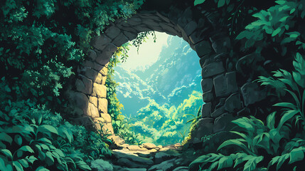 Secret gateway: a stone archway, rich with overgrown vegetation, presenting an intriguing image that hints at a hidden world in the jungle's depths. Hidden Worlds. Illustration