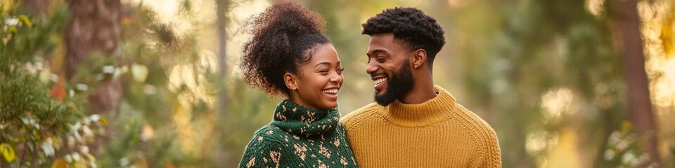 Fototapeta premium Happy young Black couple smiling at each other in a park.