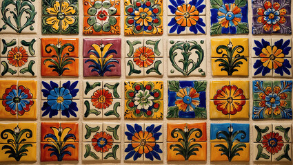 Colorful ceramic tiles arranged in intricate patterns in a decorative setting