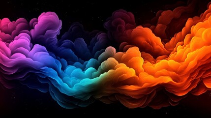 Vibrant abstract artwork featuring swirling clouds of purple, blue, and orange hues against a dark background.