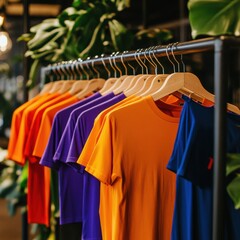 Obraz premium Brightly colored t shirts in a rainbow of hues neatly arranged on wooden hangers. This organized display emphasizes variety and a cheerful, vibrant wardrobe style.