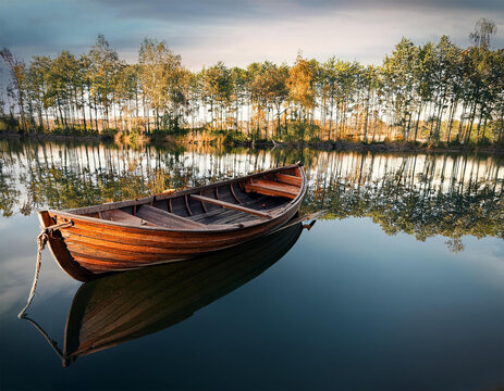 damaged wooden boat floating in the water reflecting mirrored trees that line the shore creating a serene and picturesque scene with a focus on the damaged wooden boat