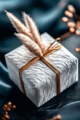 A beautifully wrapped gift, adorned with pampas grass, sits on a dark surface.  Elegant and minimalist.