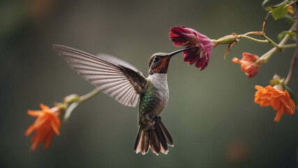 Fototapeta premium Hummingbird feeding on vibrant flowers in a serene garden setting during late afternoon