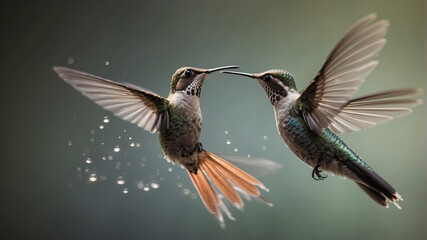 Naklejka premium Hummingbirds engage in a delicate dance while feeding at a flower in a tranquil garden at sunrise