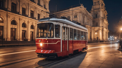 Naklejka premium Historic red tram parked on a street in a lit city square at night, highlighting architectural beauty